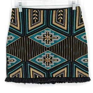 H&M Skirt Southwestern Cotton Twill 6 Fun Colorful Beaded Fringe Hem Aztec Boho